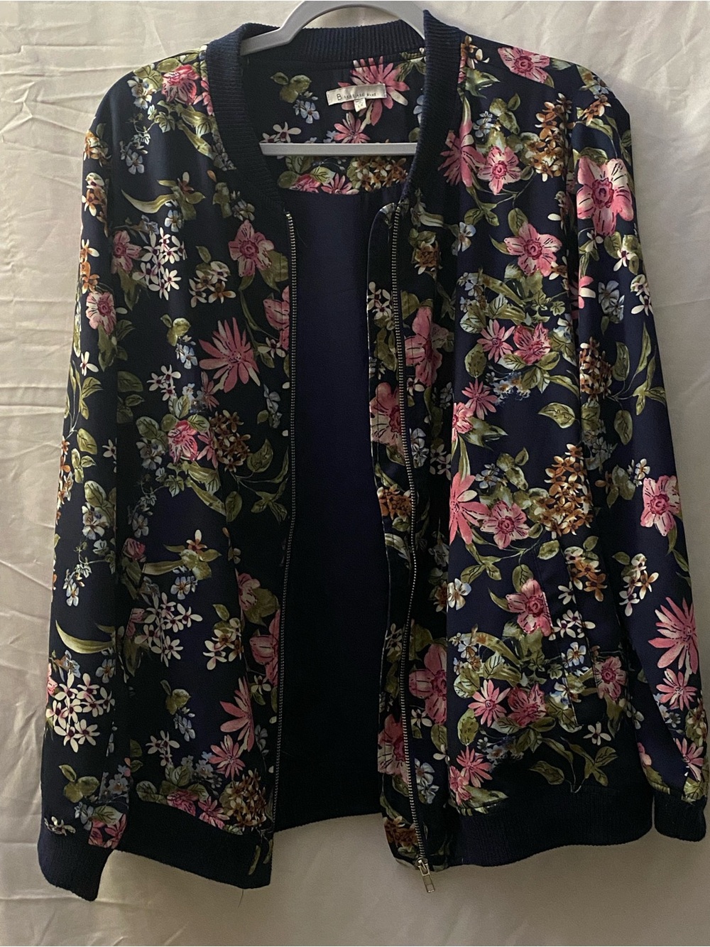 Skies Are Blue Navy Floral Bomber Jacket Plus Size 1X Lightweight Zip Up.